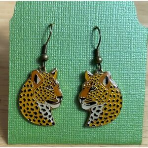 Leopard Face Drop Earrings Enamel Animal Print Big Cat Edgy Chic Bold Novelty